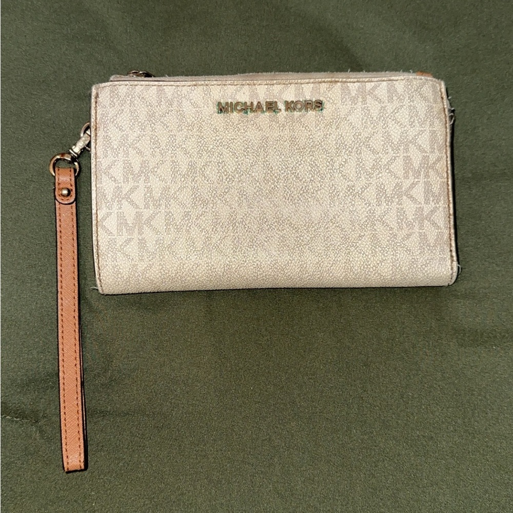 Michael Kors Cream Logo Wristlet with Tan Strap
